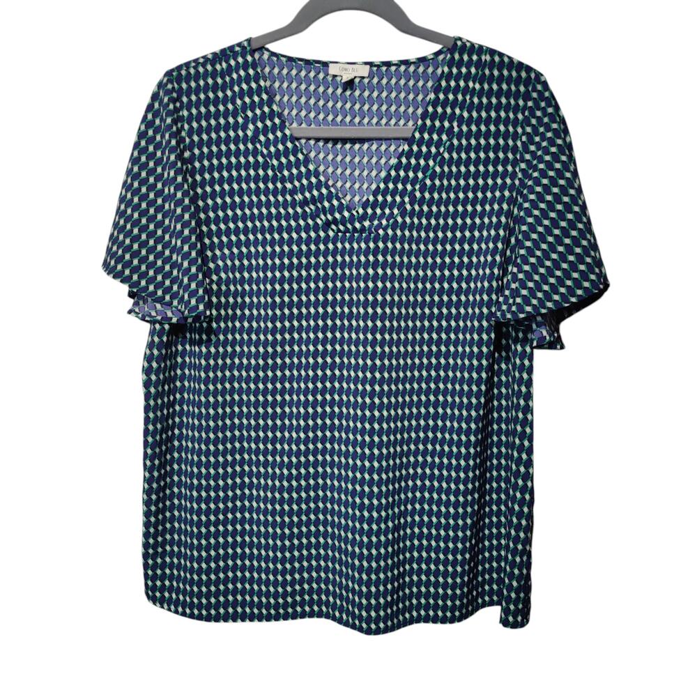 Como Blu Plus Sz 2X Blue Green Geometric Print Blouse V Neckline Flutter Sleeve